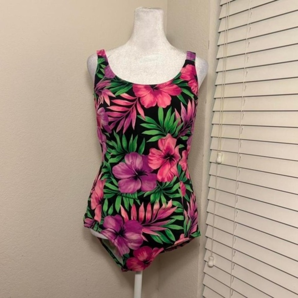 Vintage Swim 365 one piece swimsuit size 16 W pink green tropical jungle print
